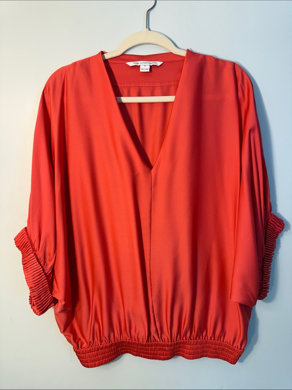 Diane Von Furstenberg Coral V-Neck Blouson Sleeve Top